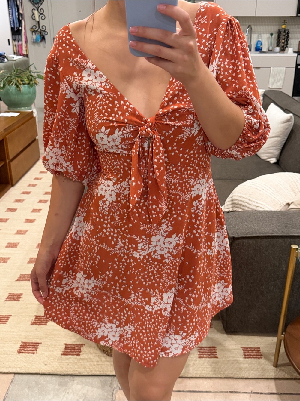 Rust Floral Tie-Front Mini Dress with Puff Sleeves